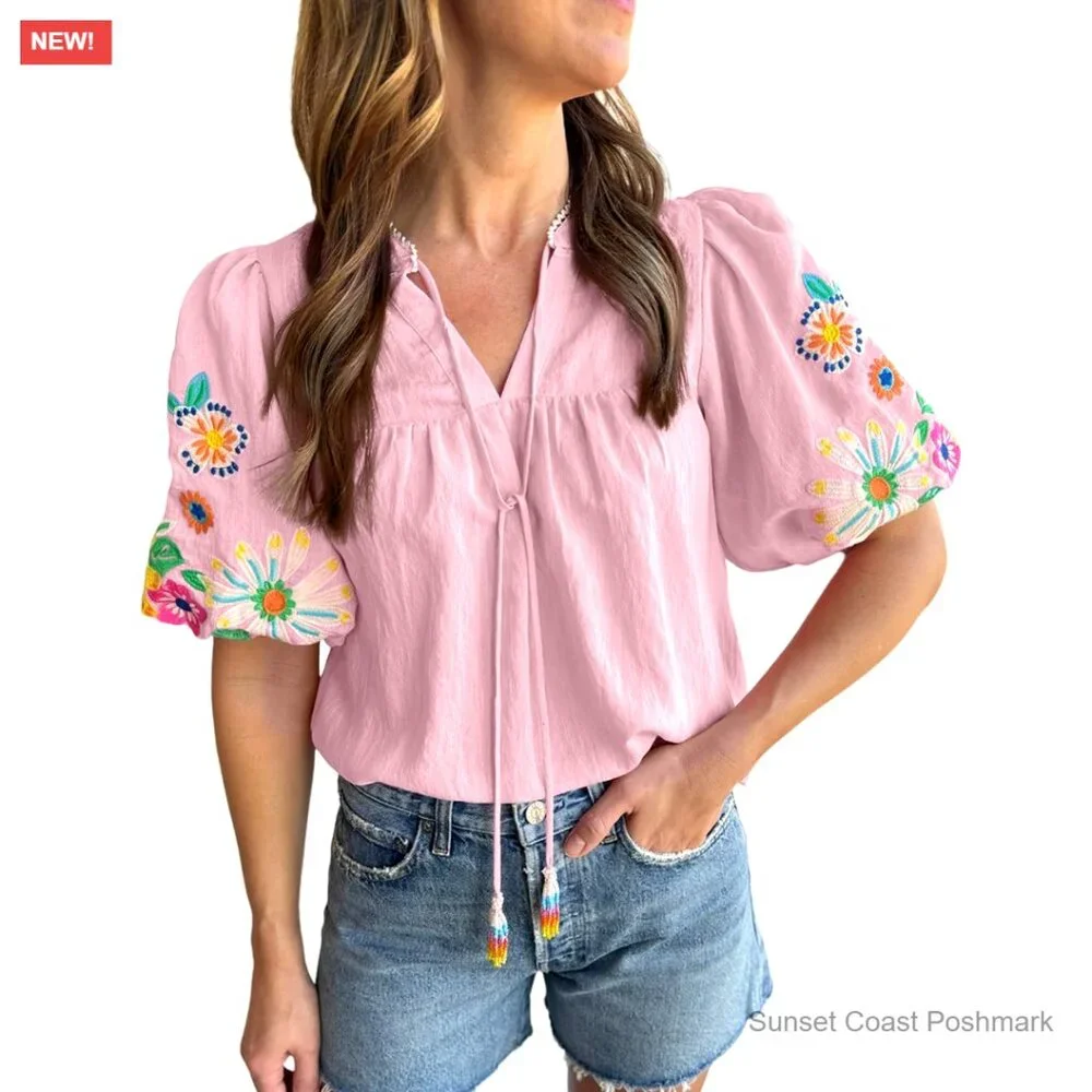 Viscose Polyester Spandex Embroidered Boho Tunic Puff Sleeve Blouse